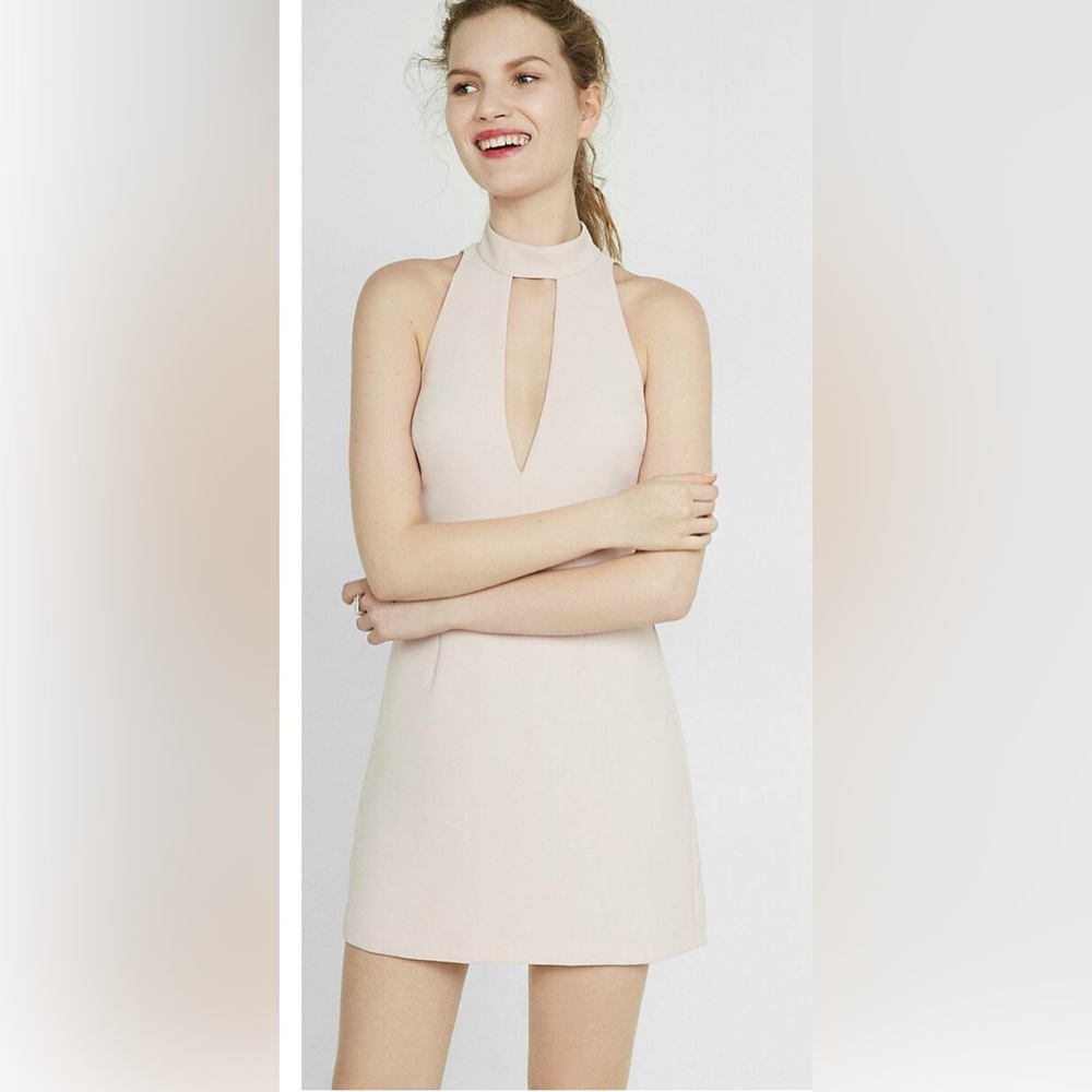 Express Pink Mock Neck Keyhole Sleeveless Sheath Dress with back black lace